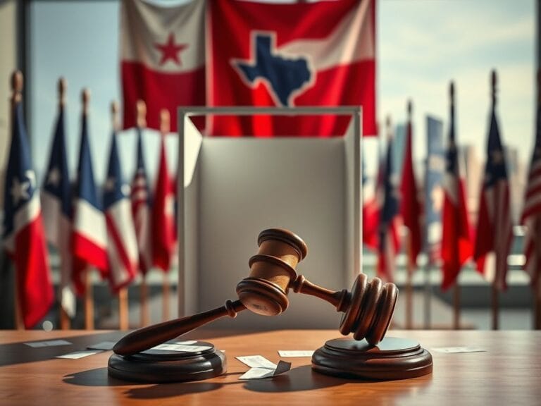 Flick International Empty voting booth surrounded by Texas state flags and election paraphernalia