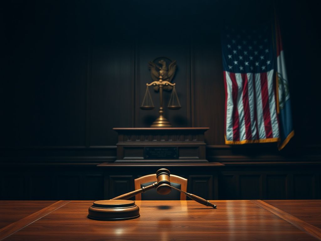Flick International A courtroom scene with a wooden judge's bench and gavel, symbolizing judicial authority