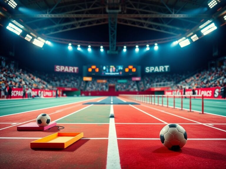 Flick International A dynamic sports arena showcasing empty gymnastic mats and vibrant equipment, symbolizing the debate on inclusion in athletics.