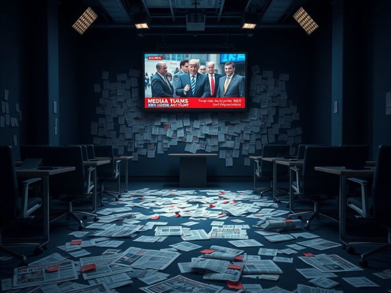 Flick International dimly lit newsroom with empty desks and scattered newspapers about media bias