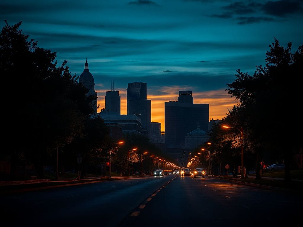 Flick International Minneapolis city skyline at dusk with caution tape and protest signs