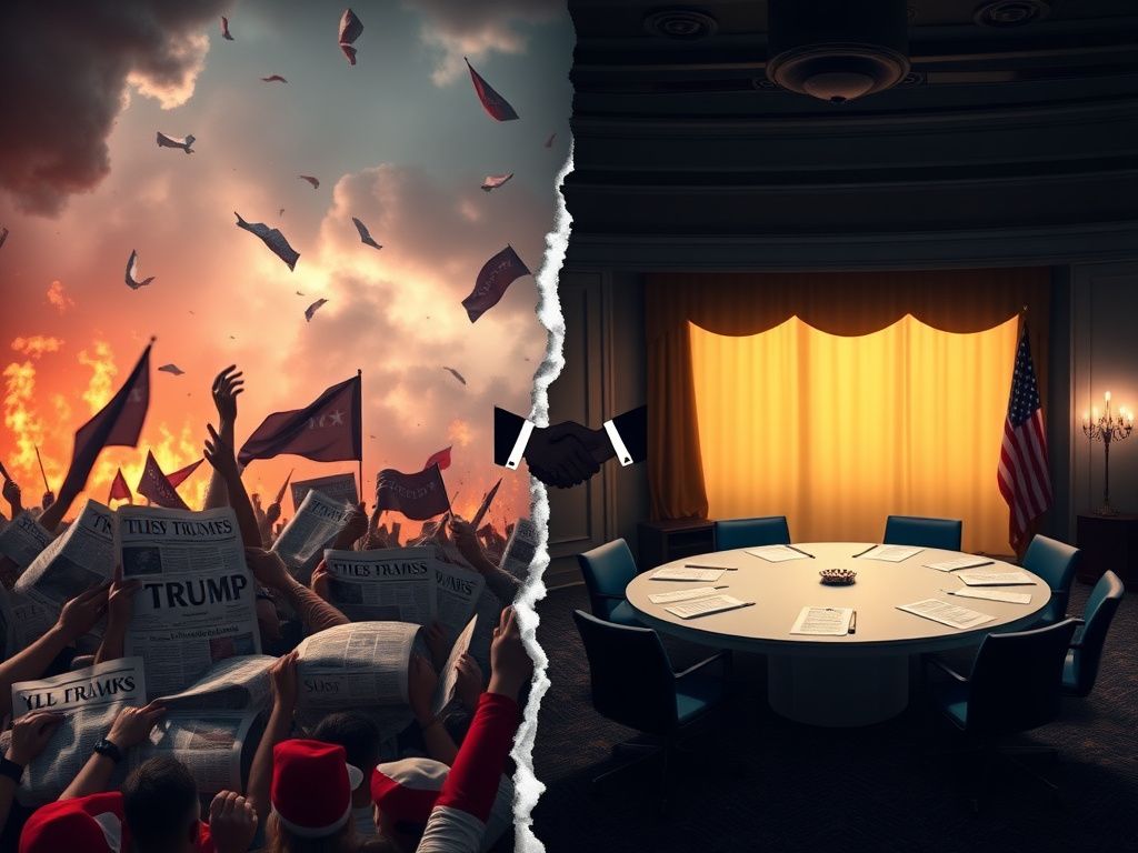 Flick International A split scene illustrating contrasting political climates with fiery hostility on one side and serene collaboration on the other