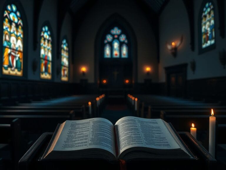 Flick International Dimly lit church interior with stained glass windows and an open Bible on a lectern