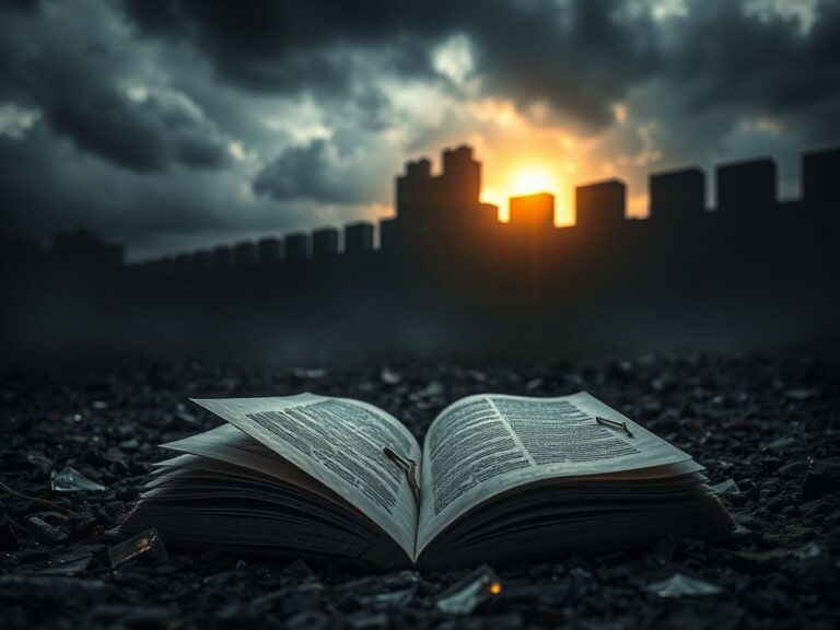 Flick International Dark clouds overhead with an open book on the ground symbolizing the power of literature amid danger.
