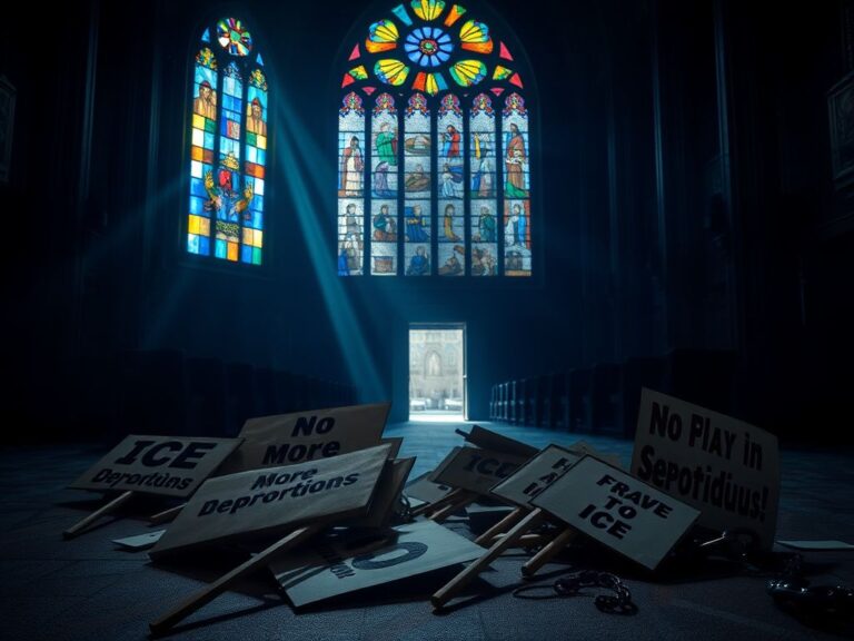 Flick International Abandoned protest signs against ICE in a dimly lit church
