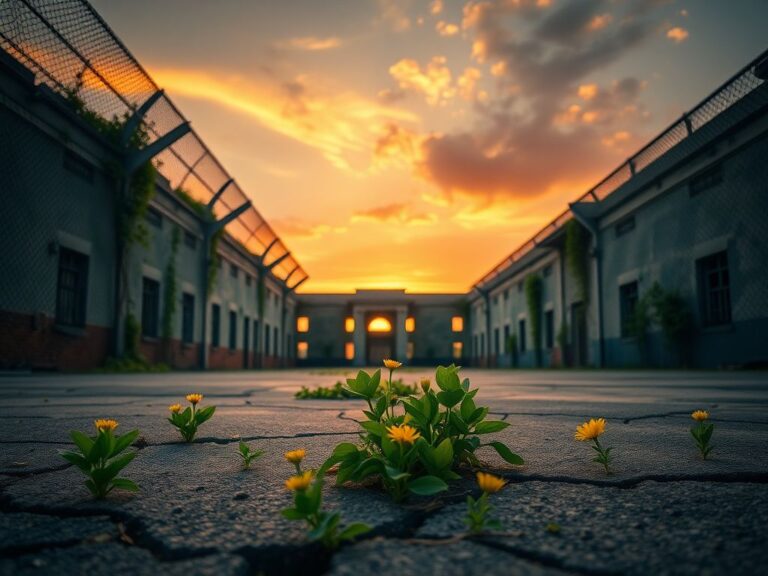 Flick International An empty, dilapidated prison building in Venezuela surrounded by vibrant green plants and flowers, symbolizing hope and resilience.