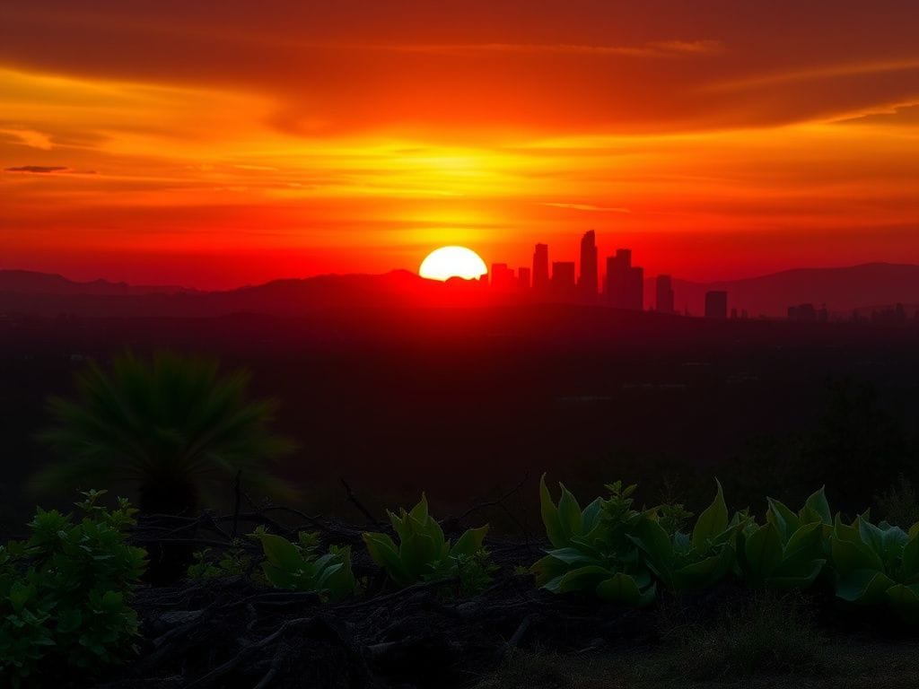 Flick International Dramatic sunset over Los Angeles skyline with wildfire remnants