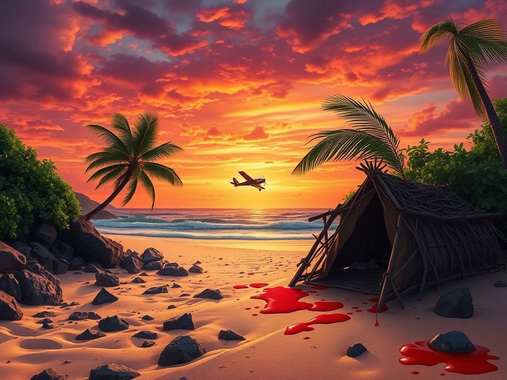Flick International Desert island scene with a makeshift tent and a vibrant sunset