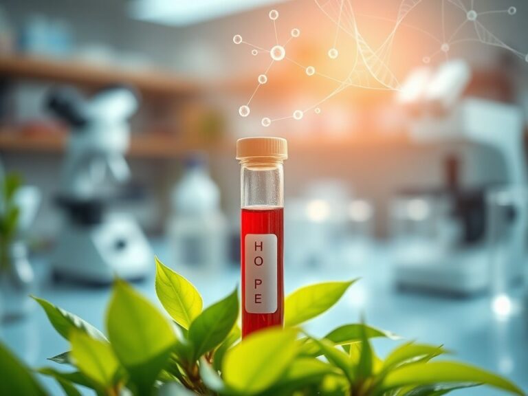 Flick International Close-up of a blood sample in a glass vial surrounded by greenery