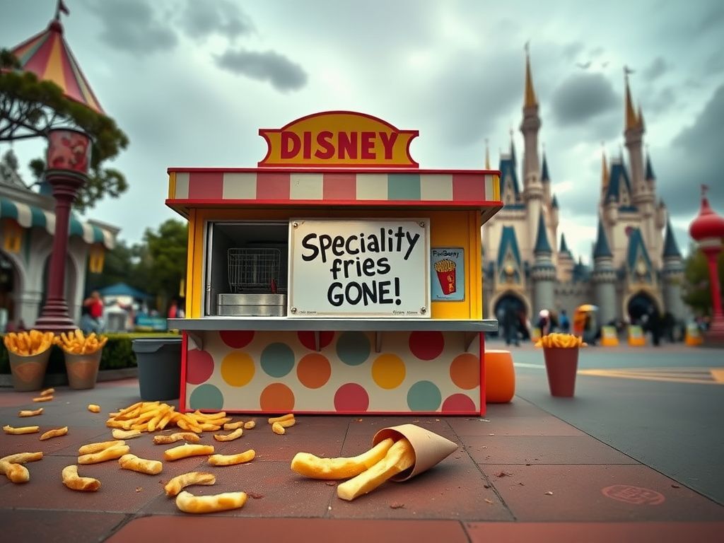 Flick International Colorful Disney theme park food stand with an empty fryer basket and a sign reading 'Specialty Fries - Gone!'