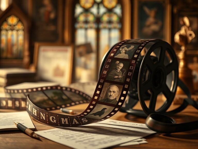 Flick International Vintage film reel with iconic scenes from Dogma, set on a wooden table