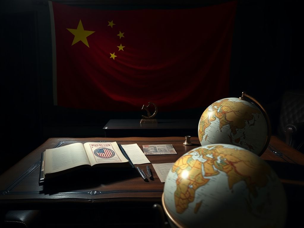 Flick International Interior scene featuring a large Chinese flag in a dimly lit room with diplomatic documents