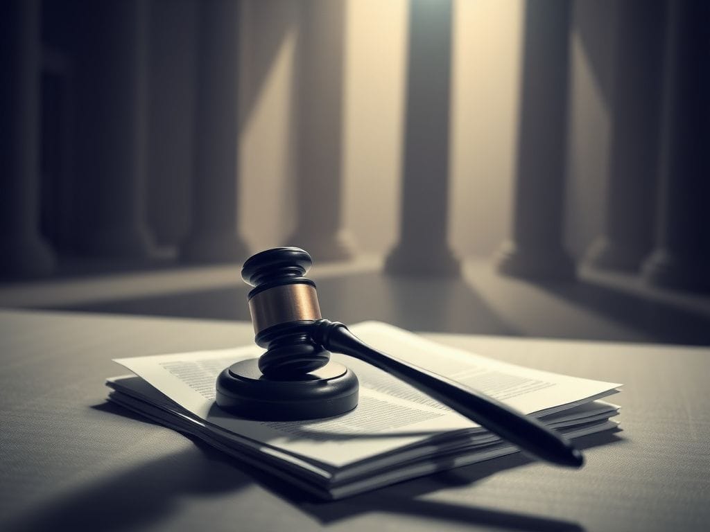 Flick International Dramatic courtroom scene with blurred gavel and legal documents