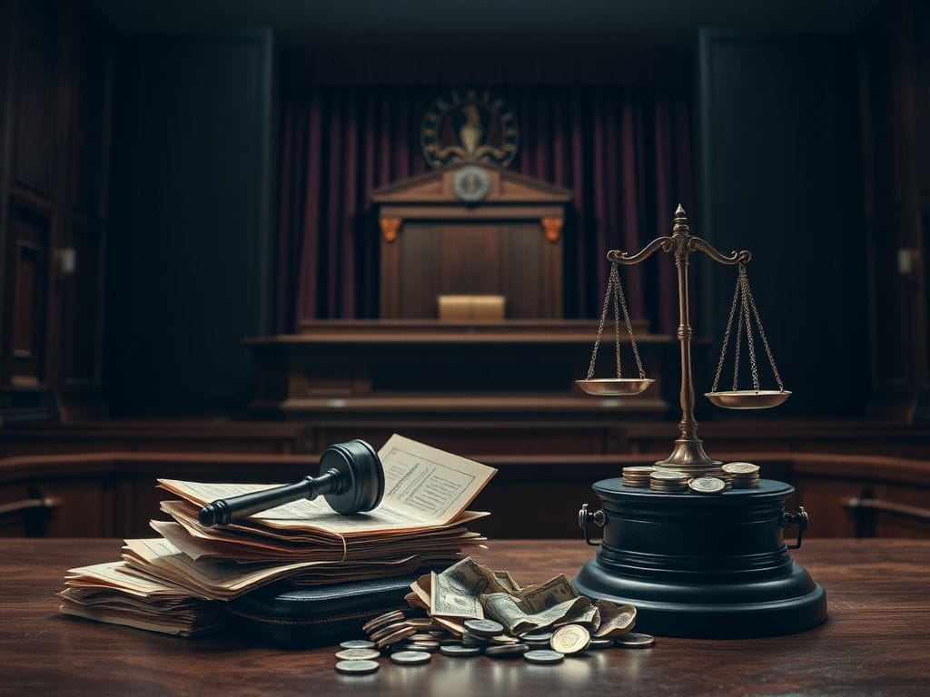 Flick International Dimly lit courtroom with a gavel and financial documents symbolizing corruption