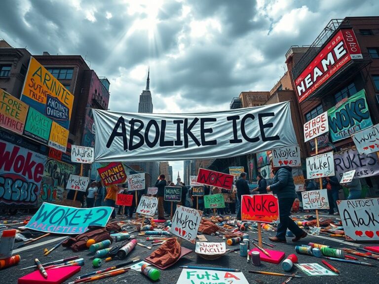Flick International Vibrant protest scene with 'Abolish ICE' and 'Woke 2' banners in an urban setting