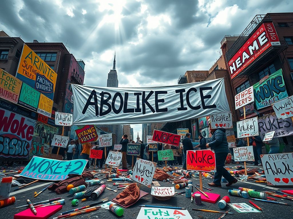 Flick International Vibrant protest scene with 'Abolish ICE' and 'Woke 2' banners in an urban setting