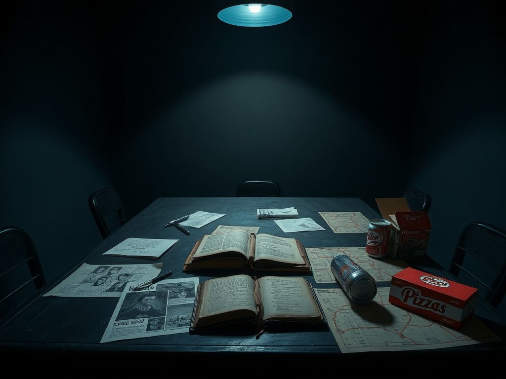 Flick International Dimly lit interrogation room featuring a large metal table, various investigative items, and a moody color palette