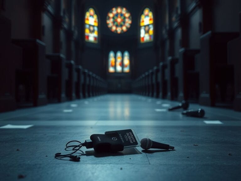 Flick International A dimly lit church interior with empty pews and a crumpled press badge on the ground