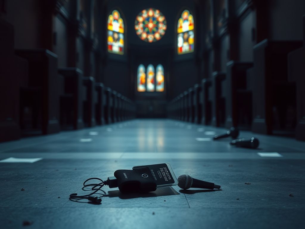 Flick International A dimly lit church interior with empty pews and a crumpled press badge on the ground