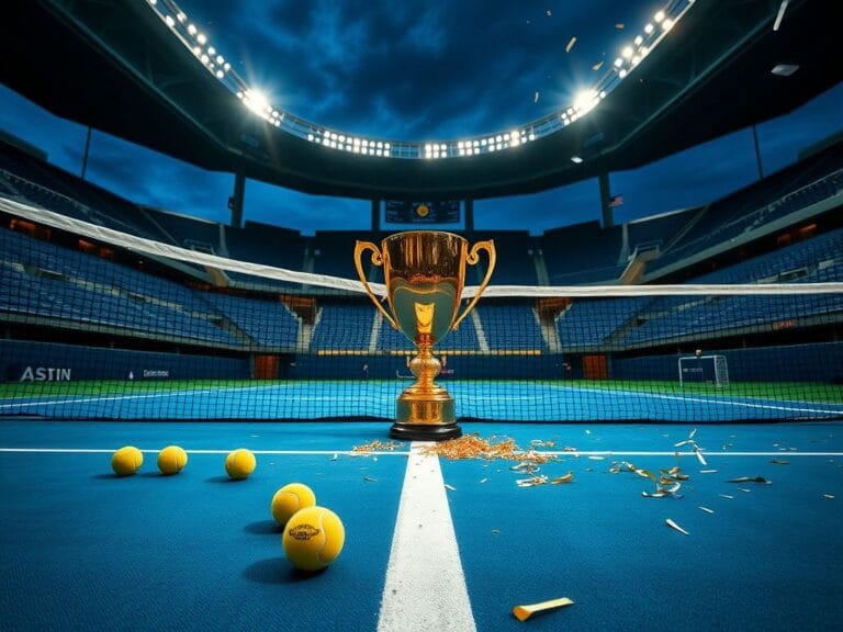 Flick International Dynamic tennis court scene at dusk with Australian Open stadium lights illuminating the court.