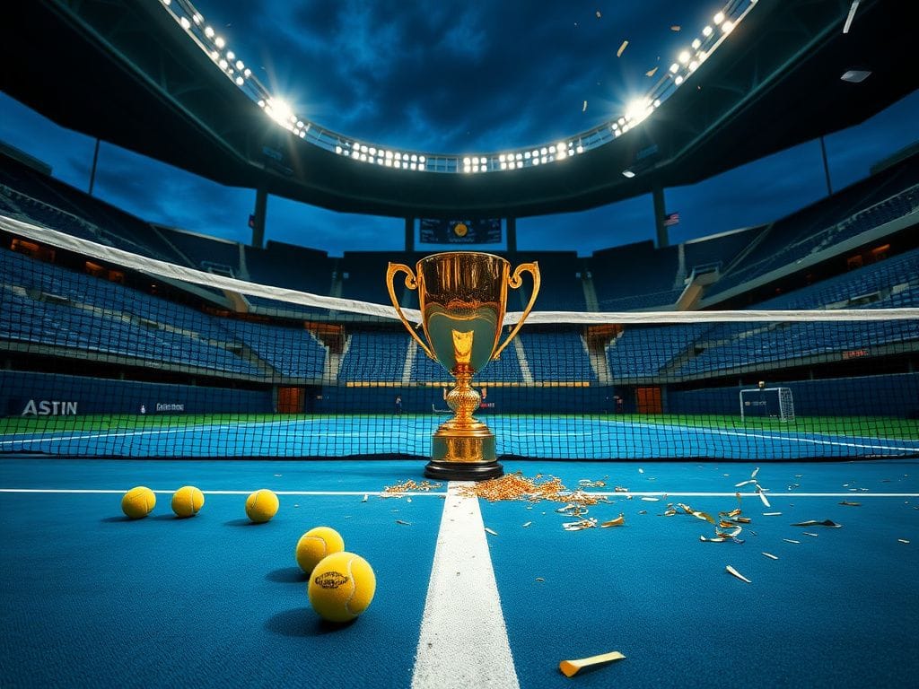 Flick International Dynamic tennis court scene at dusk with Australian Open stadium lights illuminating the court.