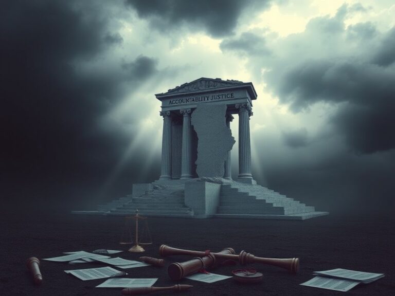 Flick International A crumbling marble monument symbolizing justice in a foggy landscape