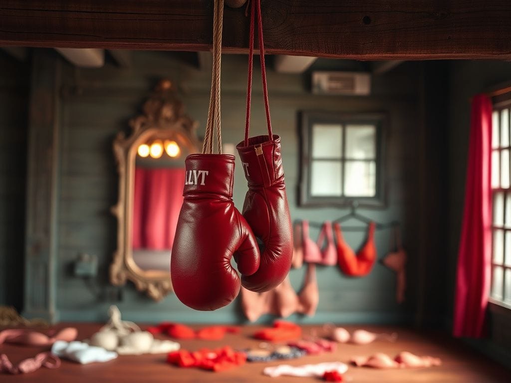 Flick International Boxing gloves hanging in a gym symbolizing Sydney Sweeney's transformation and dedication.