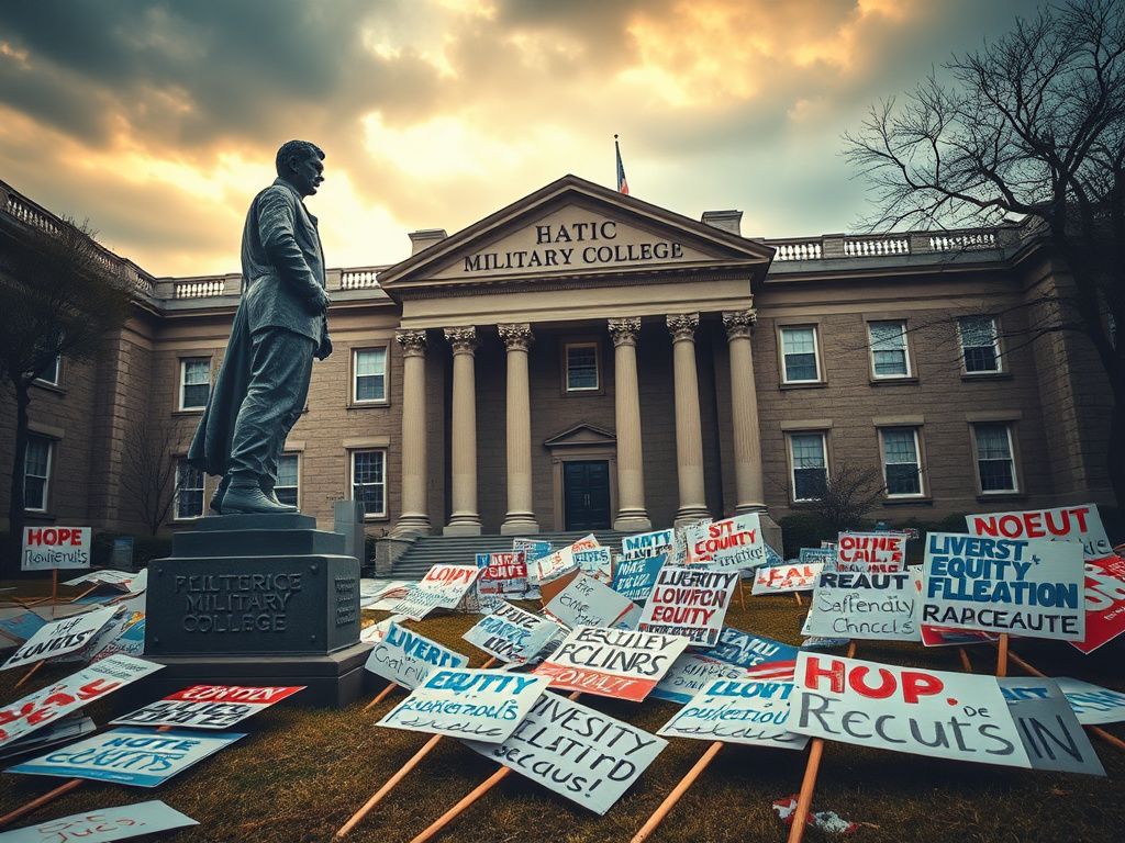 Flick International Historic military college facade with weathered statue and protest signs