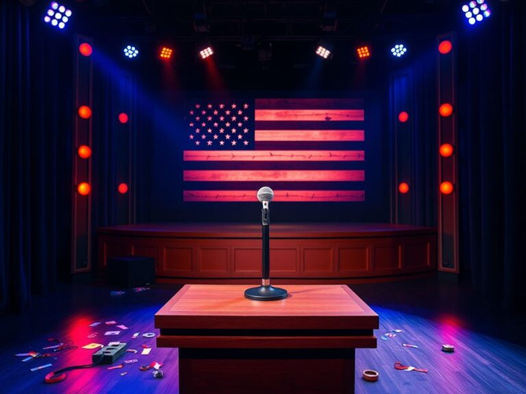Flick International A dramatic stage set for a late-night talk show with an empty microphone symbolizing free speech