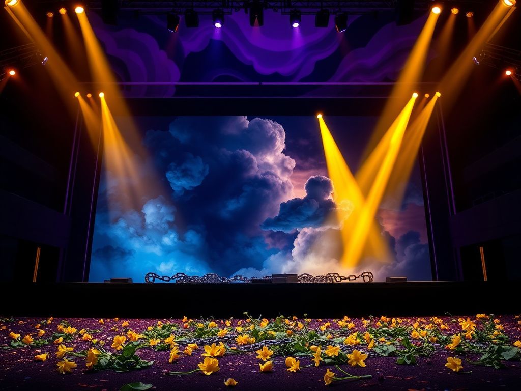 Flick International Dramatic stage set at Lady Gaga's Tokyo concert depicting emotional turmoil and resilience