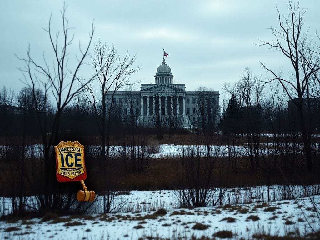 Flick International A somber winter landscape in Minnesota with a courthouse in the background, symbolizing the legal battle over immigration enforcement.