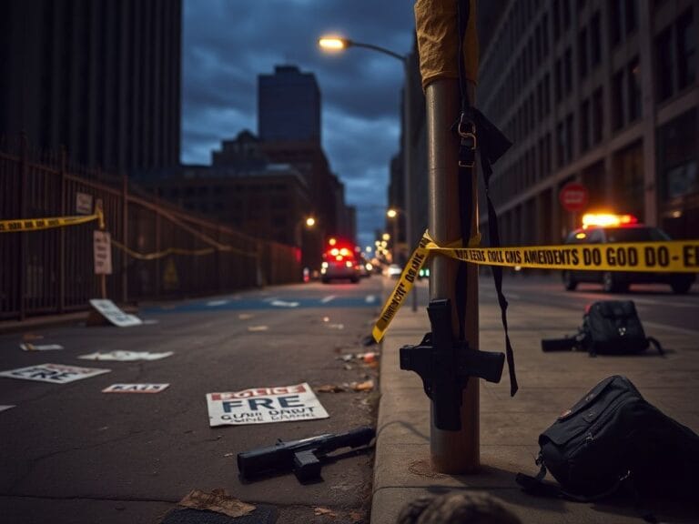 Flick International Empty street in Minneapolis with protest signs and holsters symbolizing Second Amendment rights