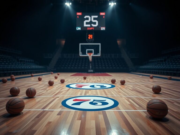Flick International Empty basketball court featuring the Philadelphia 76ers logo, symbolizing missed opportunities and isolation