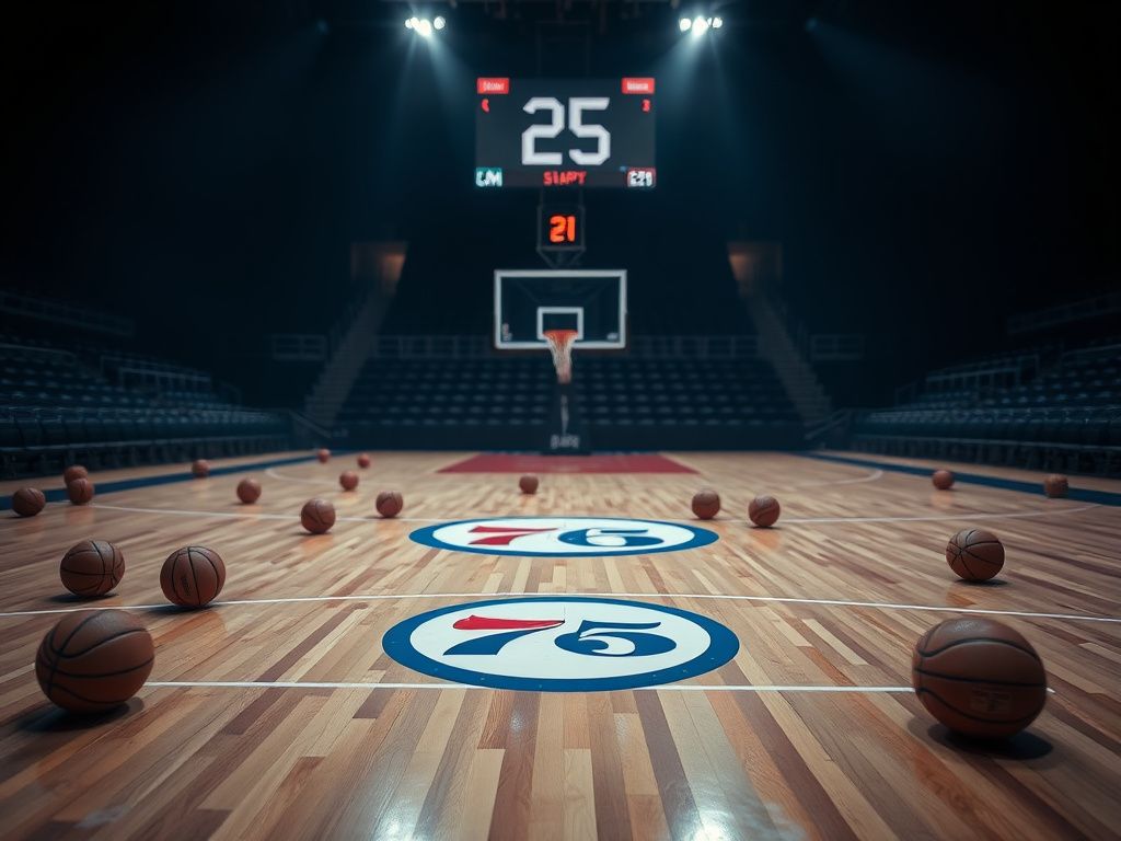 Flick International Empty basketball court featuring the Philadelphia 76ers logo, symbolizing missed opportunities and isolation