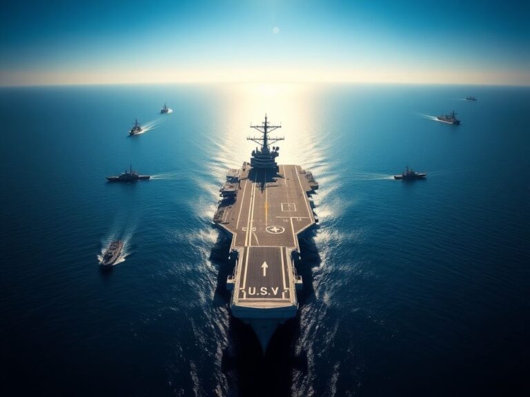 Flick International Aerial view of the Strait of Hormuz with a U.S. Navy aircraft carrier and naval vessels