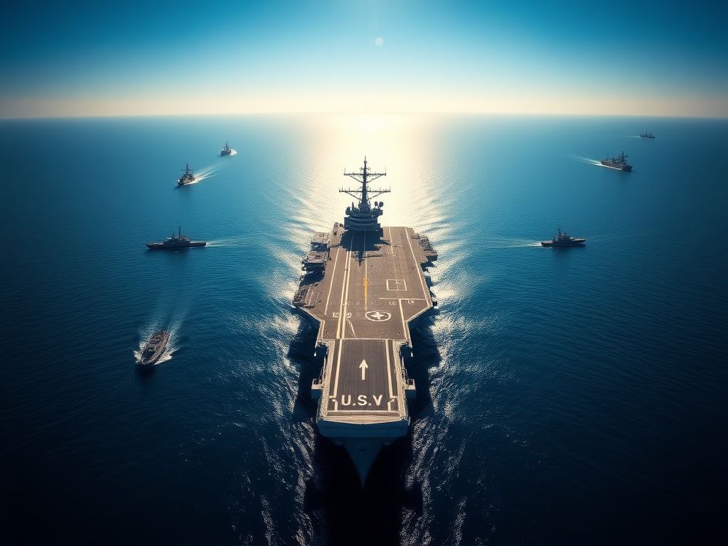 Flick International Aerial view of the Strait of Hormuz with a U.S. Navy aircraft carrier and naval vessels