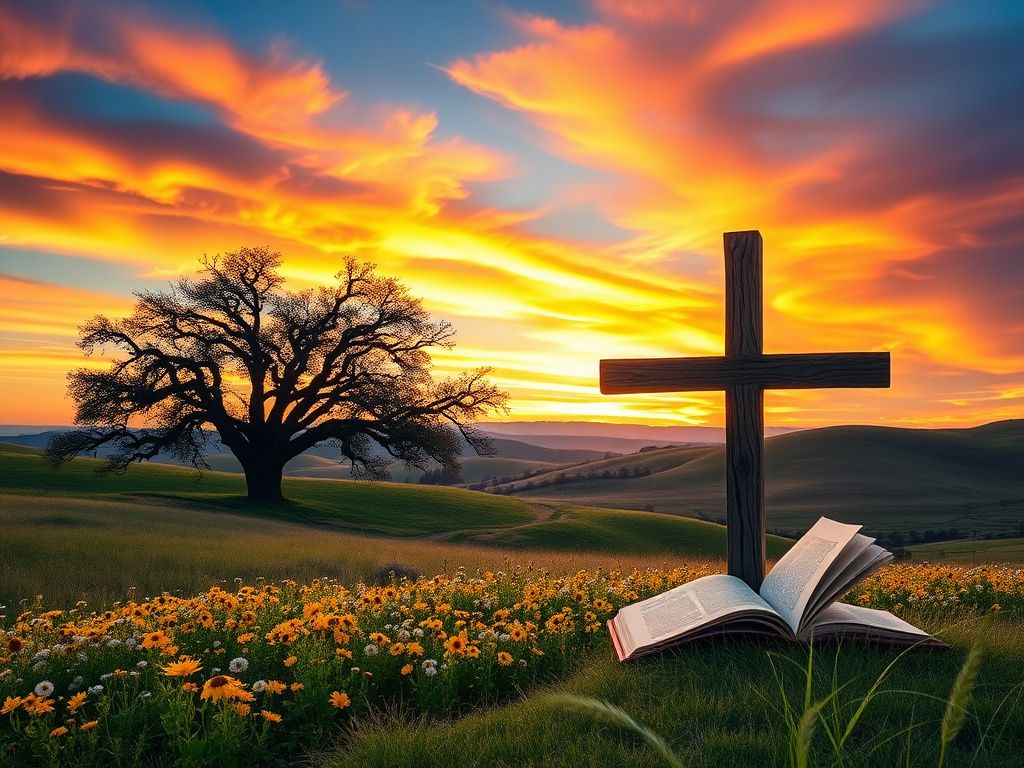 Flick International Serene Texas landscape at sunset with a weathered cross and wildflowers
