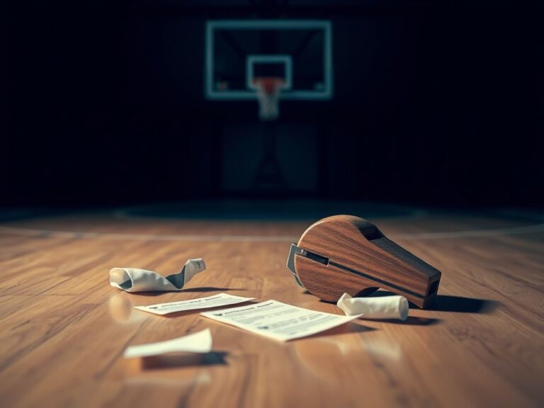 Flick International Old wooden referee's whistle on basketball court symbolizing authority