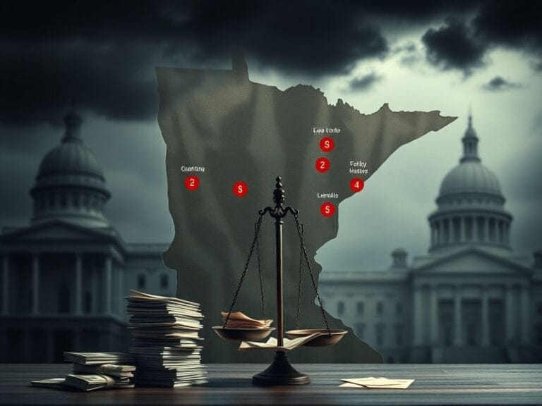 Flick International A weathered map of Minnesota depicting welfare fraud scandal locations with ominous clouds