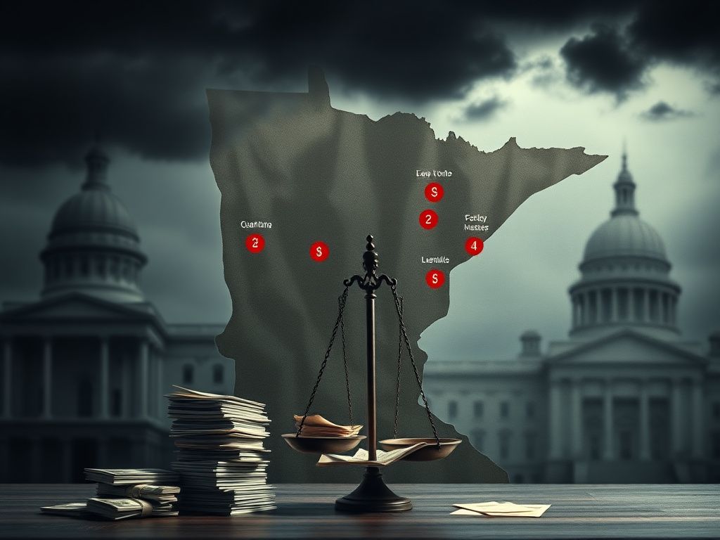 Flick International A weathered map of Minnesota depicting welfare fraud scandal locations with ominous clouds