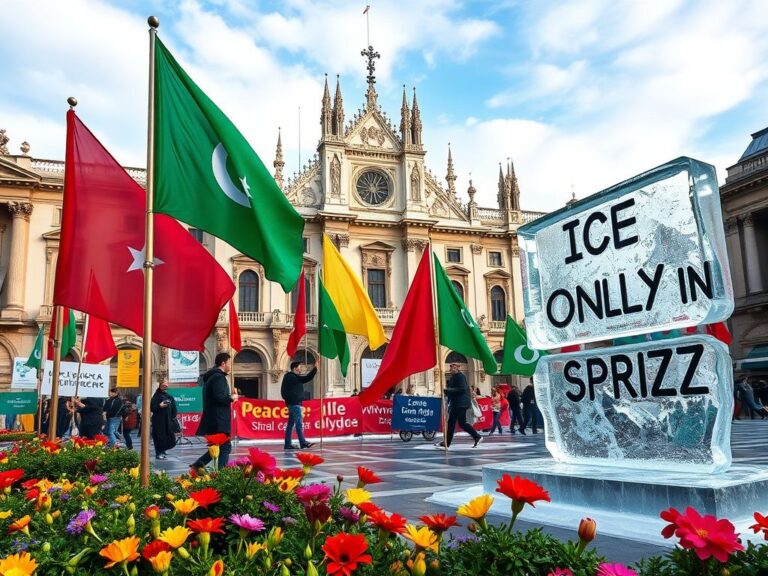 Flick International Protesters holding colorful banners in Piazza XXV Aprile, Milan during a rally against ICE agents deployment