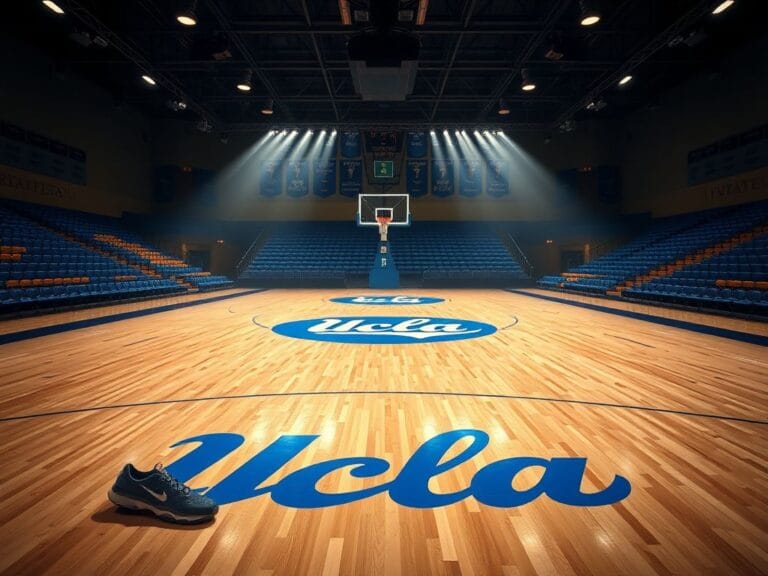 Flick International Dynamic basketball court scene in a college gym with UCLA Bruins logo at center court