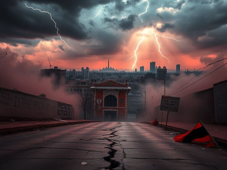 Flick International Dramatic urban landscape of Tehran under dark clouds symbolizing unrest