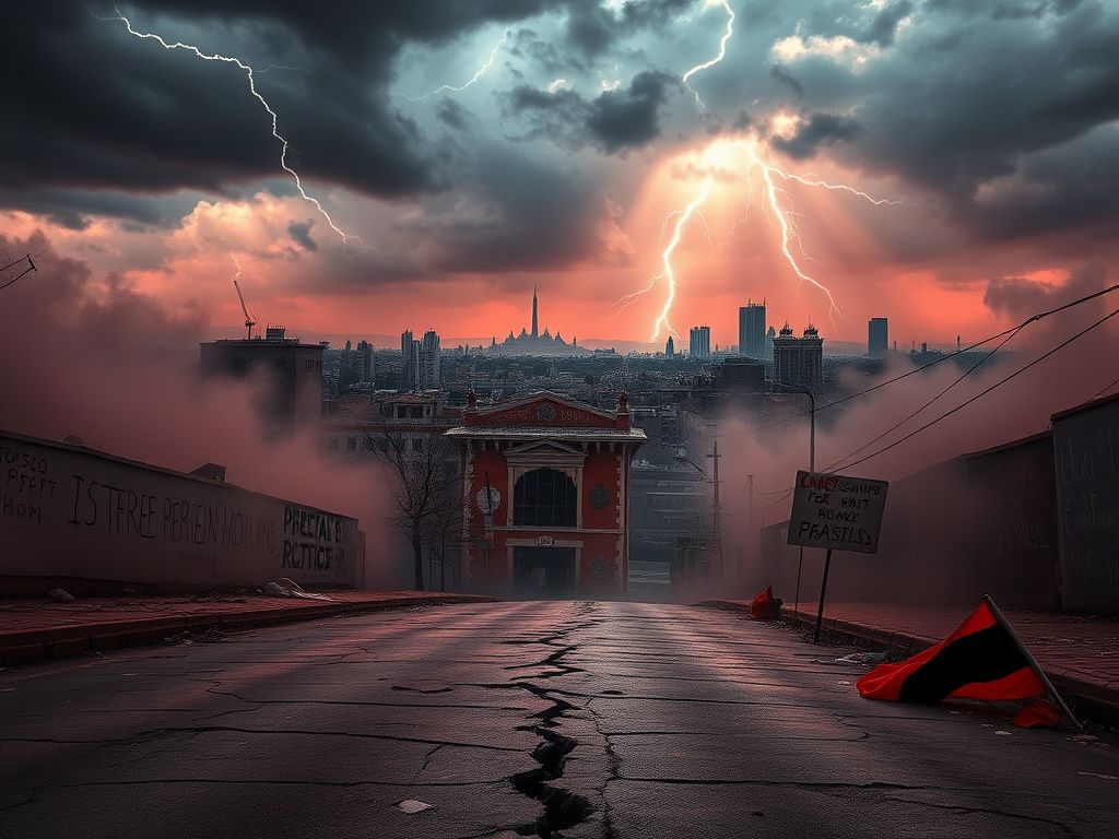 Flick International Dramatic urban landscape of Tehran under dark clouds symbolizing unrest