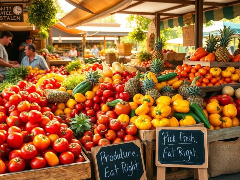 Flick International Vibrant farmers market scene showcasing a variety of fresh fruits and vegetables.