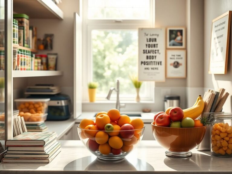 Flick International A modern kitchen featuring a well-organized pantry filled with healthy snacks and a colorful fruit bowl.