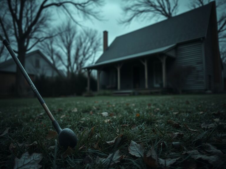 Flick International An overgrown backyard in Connecticut, featuring a weathered golf club and a rustic house under a gloomy sky