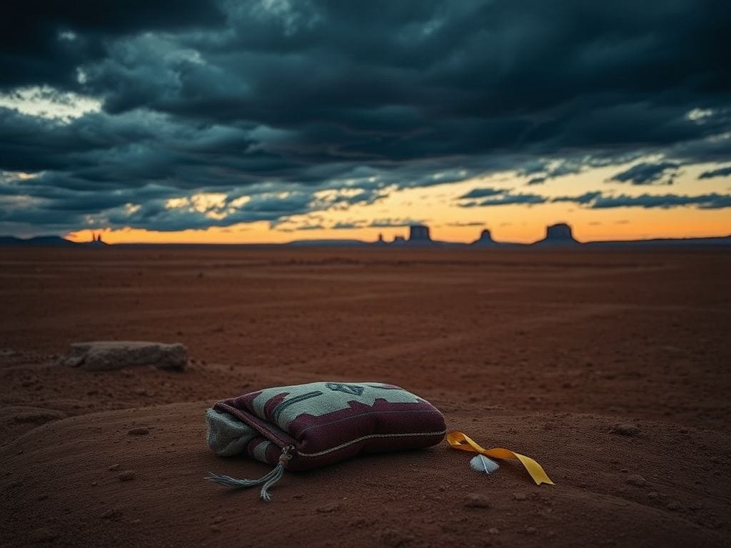 Flick International A weathered Lakota medicine pouch in a vast desert landscape at dusk, symbolizing broken trust and cultural integrity.