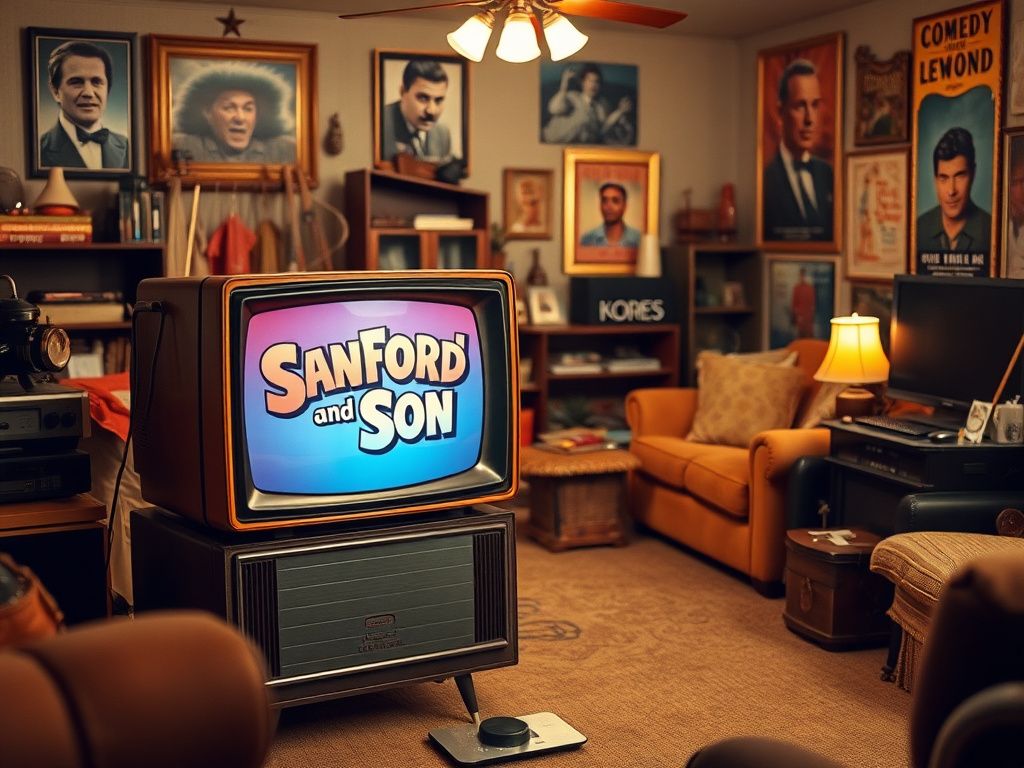 Flick International Vintage television set from the 1970s showcasing the logo of 'Sanford and Son' in a cluttered retro living room.