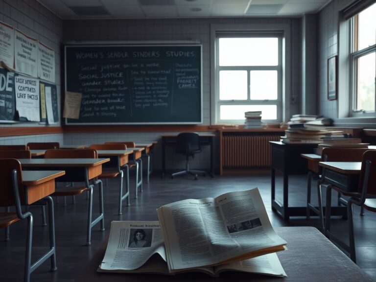Flick International Dimly lit university classroom with empty desks and a chalkboard filled with ideological notes